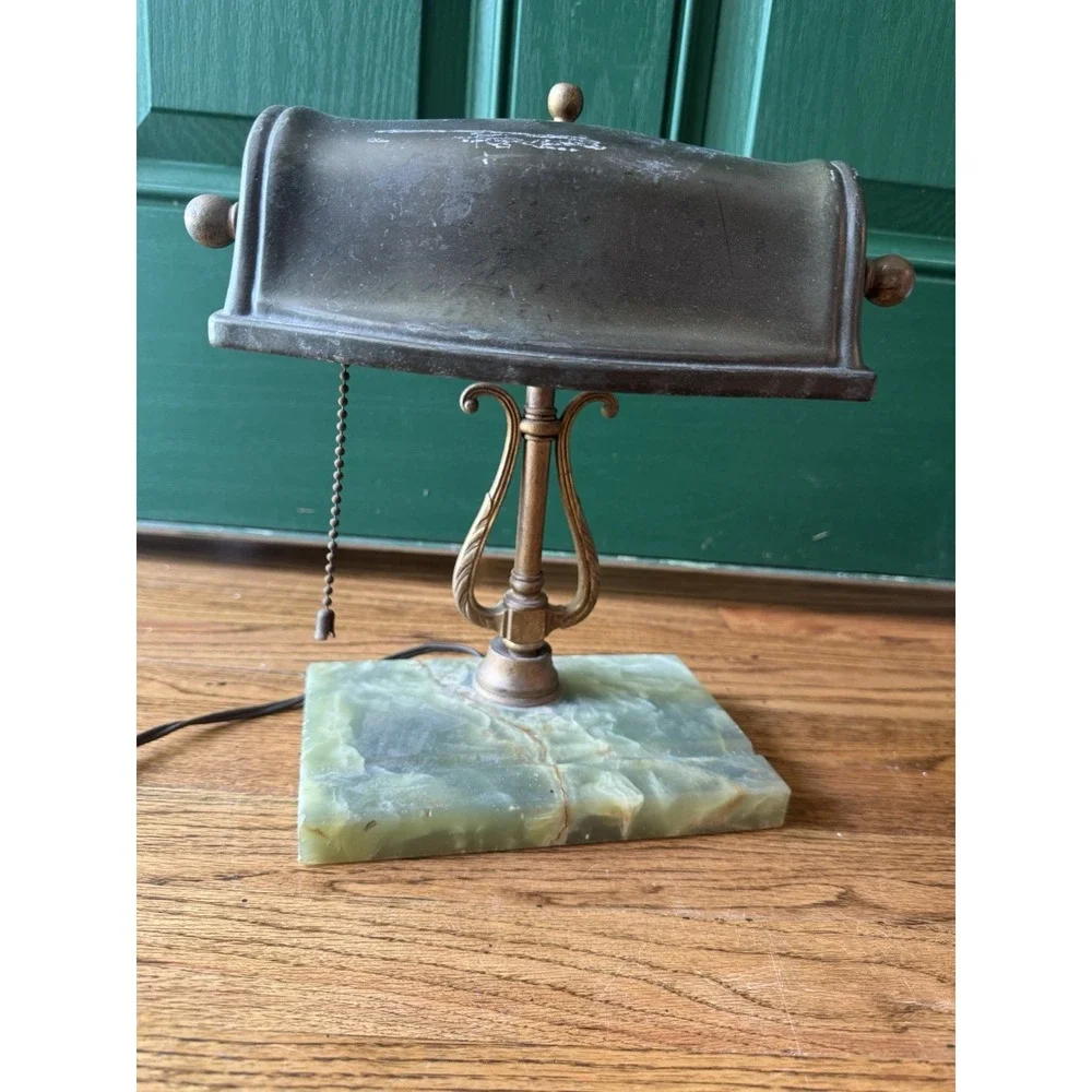 Vintage‎ Banker's Desk Lamp | Green Marble Base | Brass Lyre Stem | Mid Century